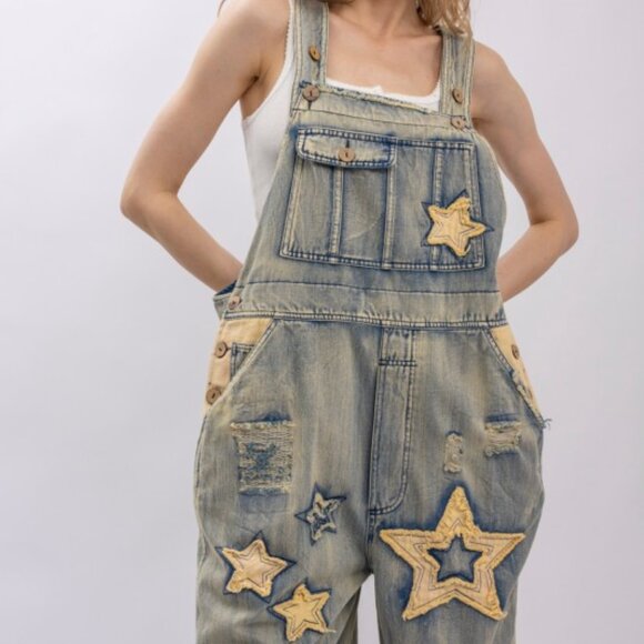 Star And Peace Patchwork Denim Bib Overalls PRE ORDER - Picture 10 of 14